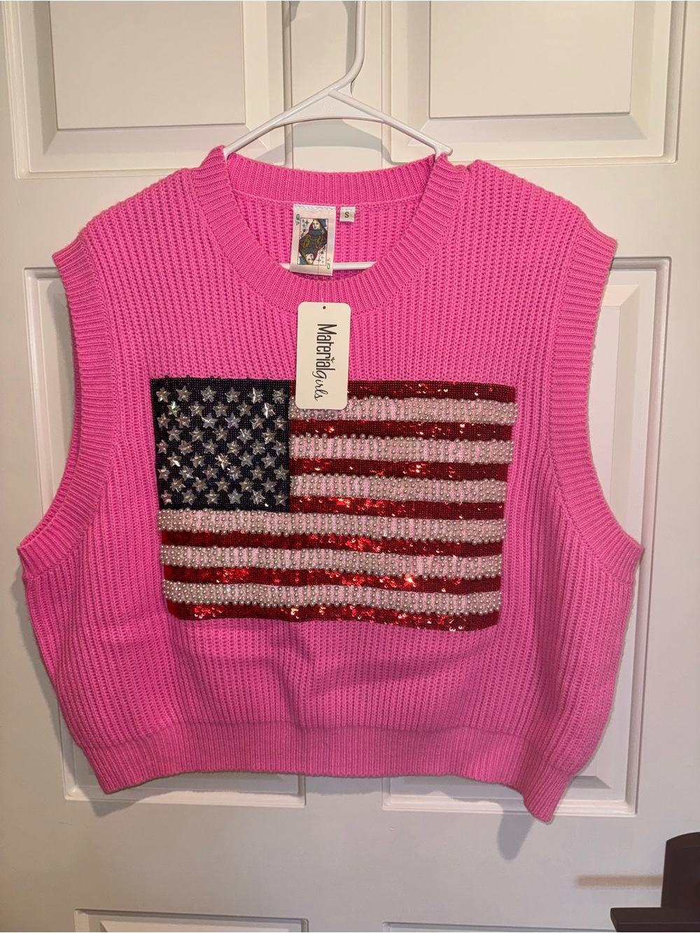 QUEEN OF SPARKLES Pink Sequin American Flag V-Neck Tank